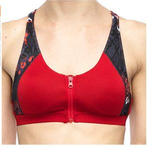 Front zip closure sports bra red & animal print criss cross back US 6 36” bust